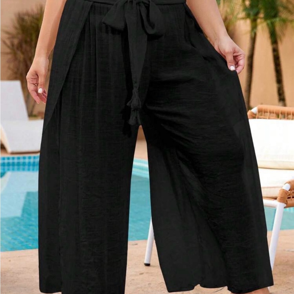 High-Waist Black with fabric Belt Waist vacation Pants - Picture 4 of 4